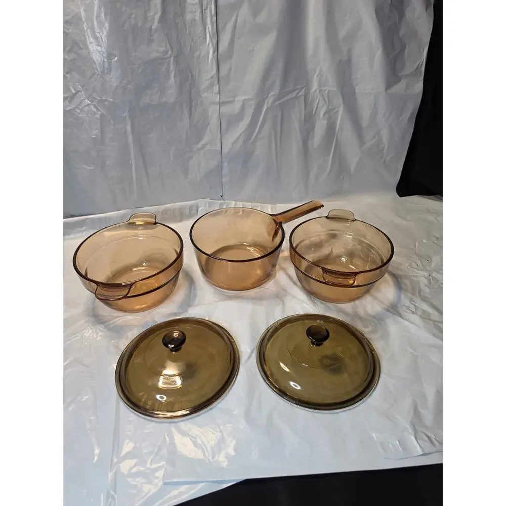 Corning Vision Ware Amber V-20-B Double Boiler x2 w 1.5 L Pot Lid V 1.5 C Pyrex